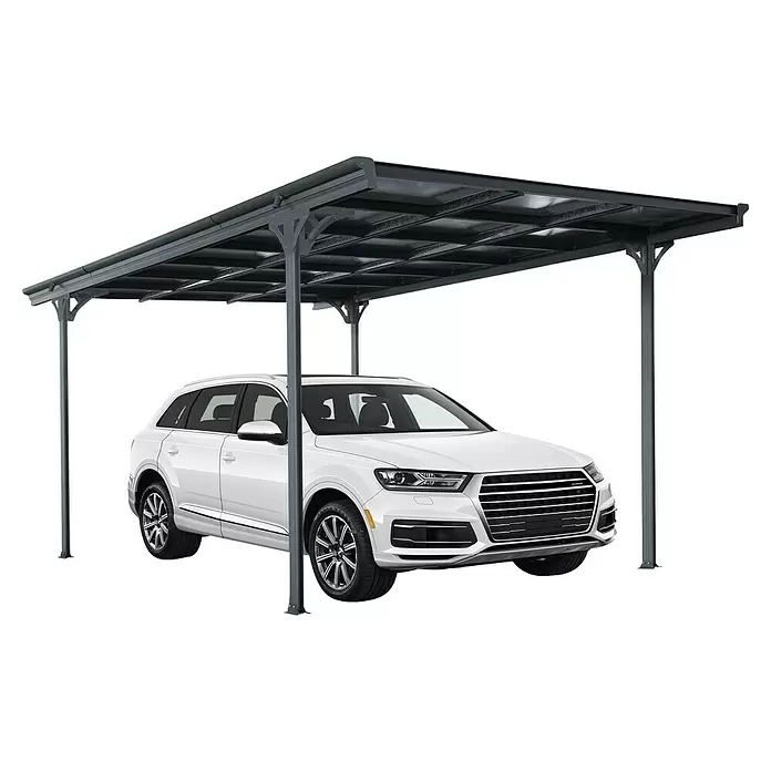 Ximax Carport Eco - Außenmaß inkl. Dachüberstand (B x T): 3 x 5,03 m, Einzelcarport, Anthrazit - Dunkelgrauer Metall-Carport mit einem weißen SUV darunter geparkt.