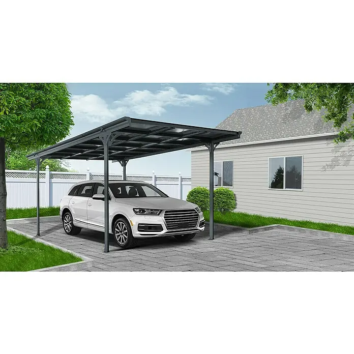 Ximax Carport Eco - Außenmaß inkl. Dachüberstand (B x T): 3 x 5,03 m, Einzelcarport, Anthrazit - Ein weißer SUV parkt unter einem grauen Carport, das an ein hellgraues Haus mit weißen Fensterrahmen angrenzt.