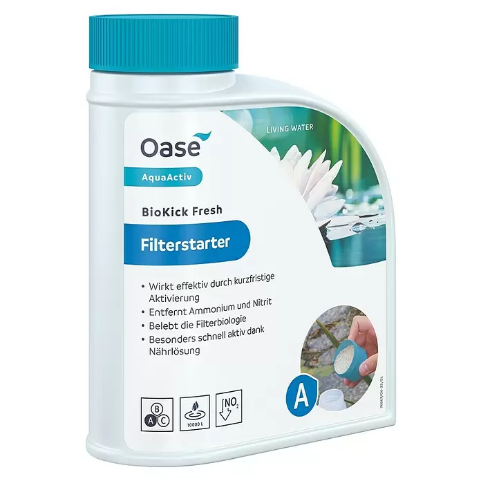 Oase AquaActiv Filterstarter - 500 ml - Weiße Oase AquaActiv BioKick Fresh Filterstarter Flasche mit blauem Deckel. Aktiviert die Filterbiologie und entfernt Schadstoffe.