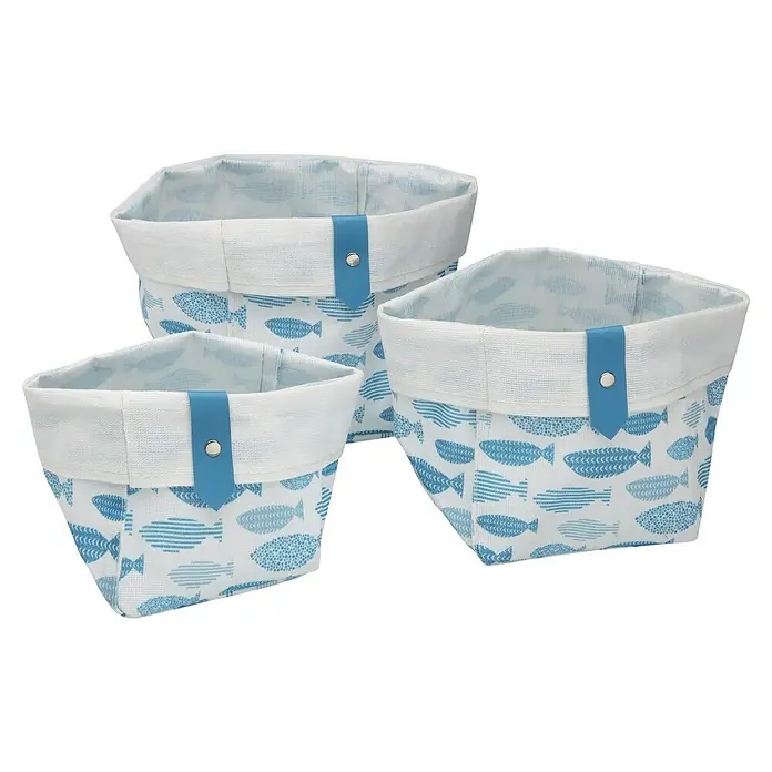 Versa Juego de cestas Aqua - L x An x Al: 14 x 14 x 14 cm, Azul, 3 pzs. - Conjunto decorativo de tres cestas de almacenamiento con estampado de peces azules y borde blanco para un hogar elegante.