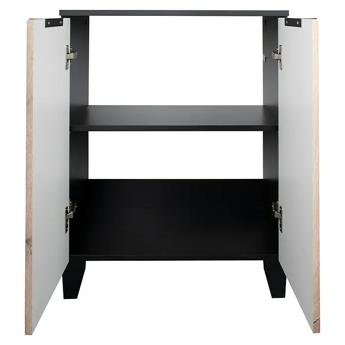Riva Badmöbel-Set Rigato - 58,5 cm, Eiche/Schwarz, Strukturiert - Aufnahme eines offenen Badezimmerschranks mit zwei Regalböden und weißen Türen.