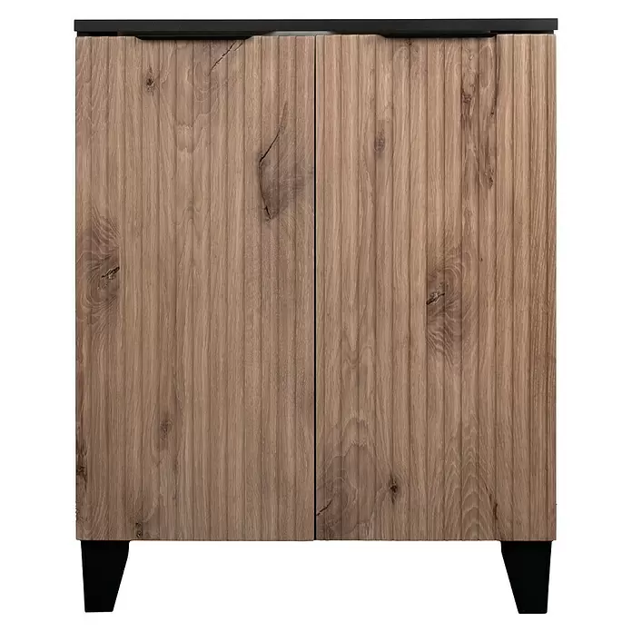 Riva Badmöbel-Set Rigato - 58,5 cm, Eiche/Schwarz, Strukturiert - Zweitüriger Holzschrank mit vertikal gerippter Textur, Eiche-Optik, schwarzer Platte und Füßen.