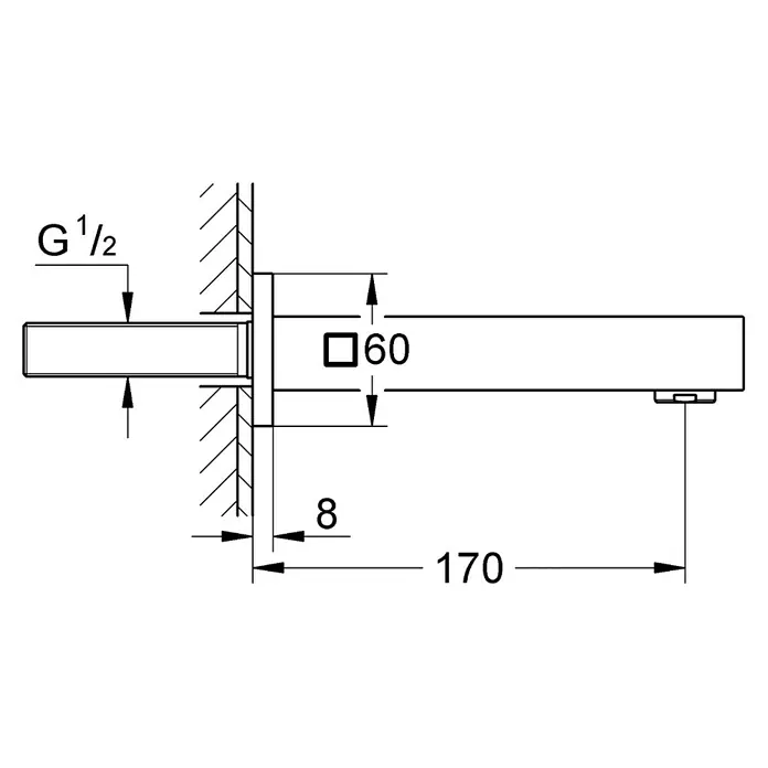 Grohe Eurocube UP-Wanneneinlauf - Chrom, Glänzend - Technische Zeichnung eines Wasserhahns zur Wandmontage mit Maßangaben. G 1/2-Anschluss und 170 mm Ausladung.