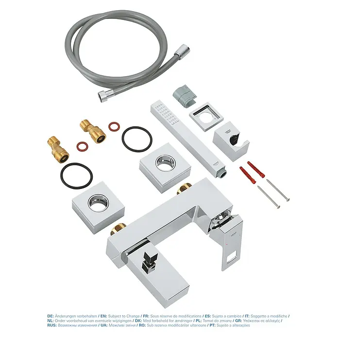 Grohe Eurocube Badewannenarmatur - Ausladung Armatur: 181 mm, Chrom, Glänzend, Handbrause - Bild einer Grohe Armatur, die alle Einzelteile des Sets zeigt. Die Armatur ist glänzend und modern gestaltet.