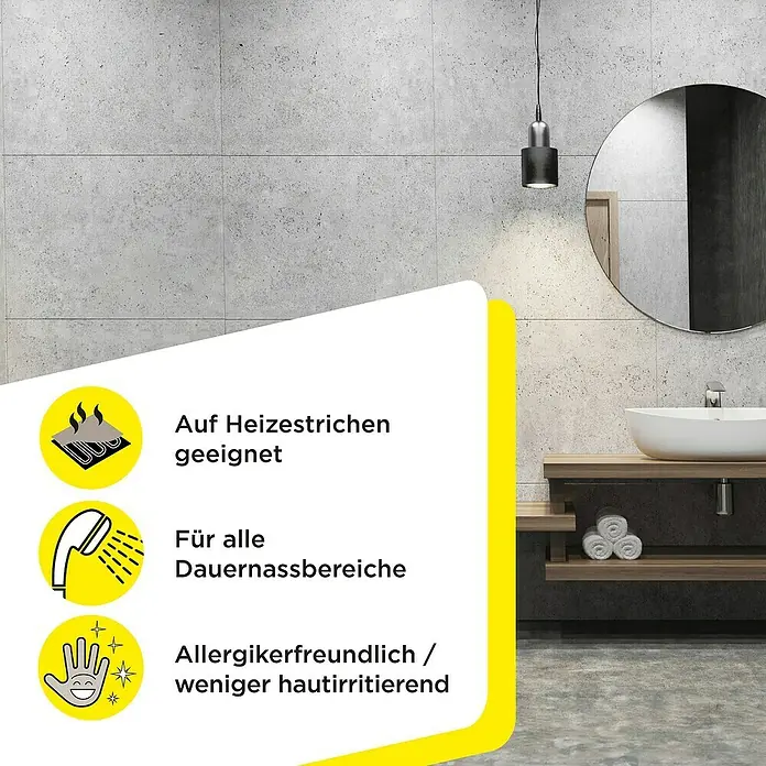 SG Weber Flexkleber Feinsteinzeug - 22 kg - Das Bild zeigt ein Badezimmer mit Fliesen und einer runden Spiegelfläche. Im Vordergrund werden Produktmerkmale wie Fußbodenheizung hervorgehoben.