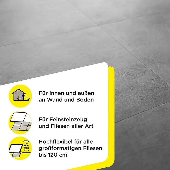 SG Weber Flexkleber Feinsteinzeug - 22 kg - Das Bild zeigt eine Nahaufnahme von grauen Fliesen und eine Infografik, die die Produkteigenschaften hervorhebt.