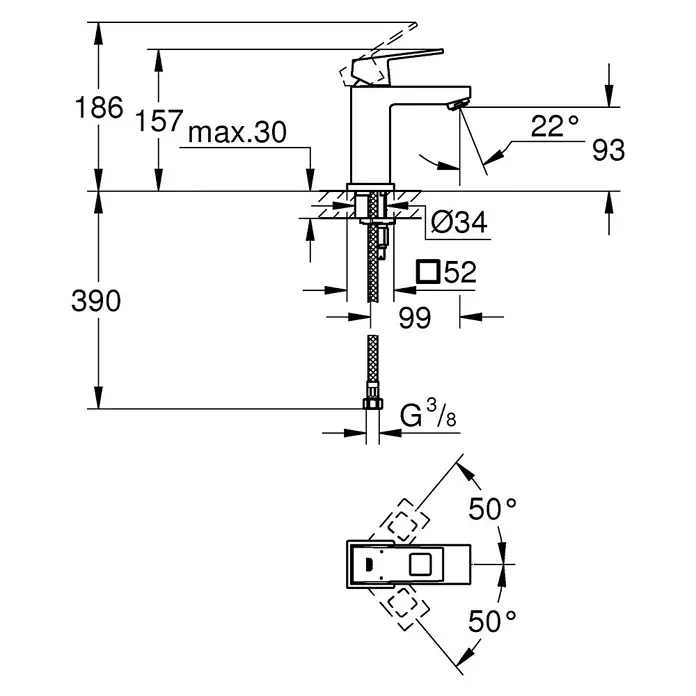 Grohe Eurocube Waschtischarmatur S-Size - Chrom, Glänzend, Ohne Zugstange, Mit Durchflussbegrenzung - Produktbild einer Armatur mit Maßangaben. Die Armatur hat eine Höhe von 186 mm und eine Ausladung von 93 mm.
