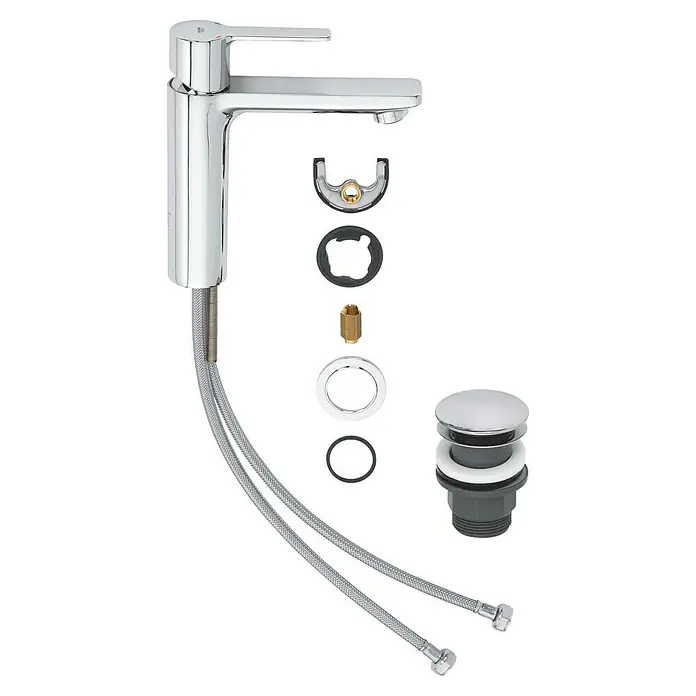 Grohe Lineare Waschtischarmatur S-Size - Push-Open-Ablaufventil, Chrom, Glänzend - Ein glänzender, chromfarbener Wasserhahn mit Zubehör für die Installation, perfekt für jedes moderne Badezimmer.