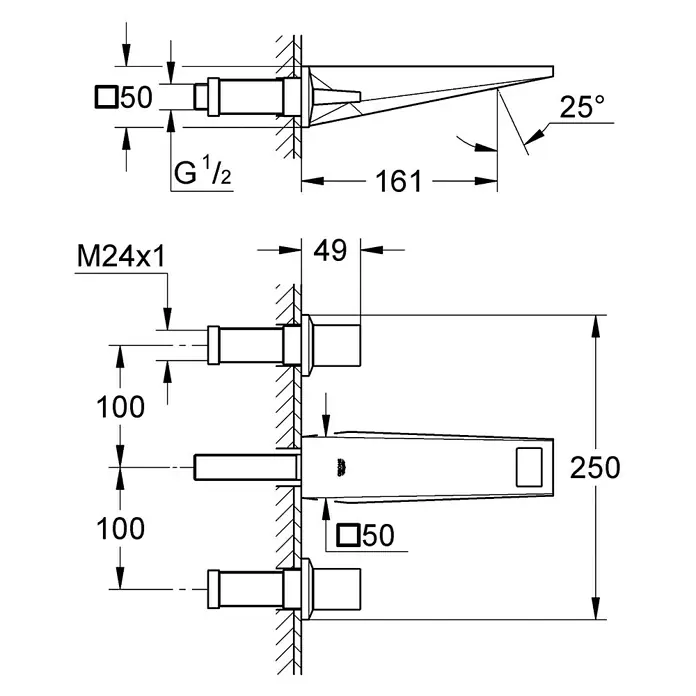 Grohe Allure Brilliant Waschtischarmatur - Wandmontage, 3 Stk., Chrom, Glänzend, Ausladung Armatur: 161 mm - Technische Zeichnung eines Waschtisch-Wandwasserhahns mit Maßen und Anschlüssen für die Installation.