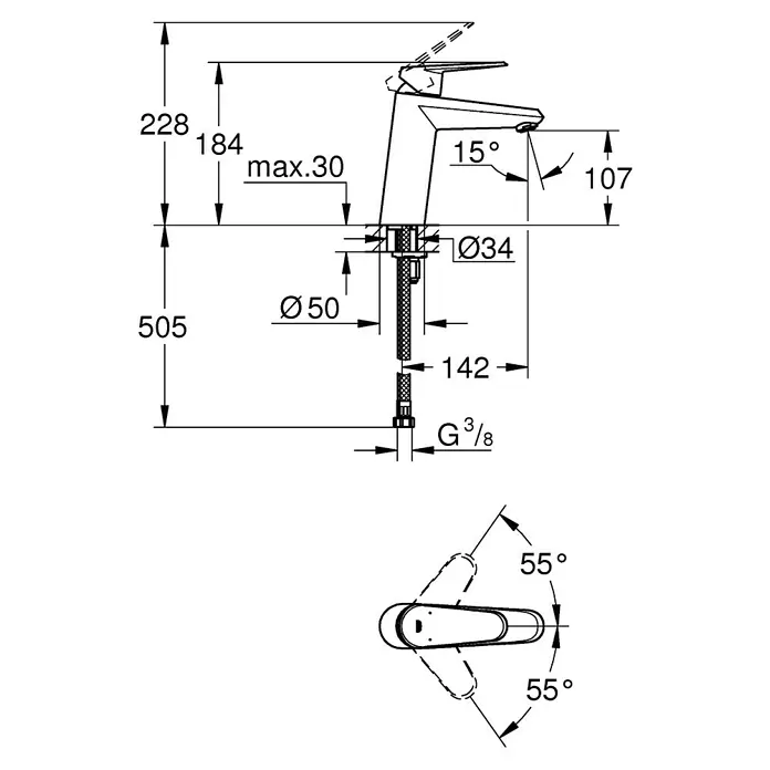 Grohe Eurodisc Cosmopolitan Waschtischarmatur M-Size - Chrom, Glänzend, Ohne Zugstange - Technische Zeichnung einer Armatur mit Maßen, einschließlich Höhe, Durchmesser und Winkel für Installationszwecke.