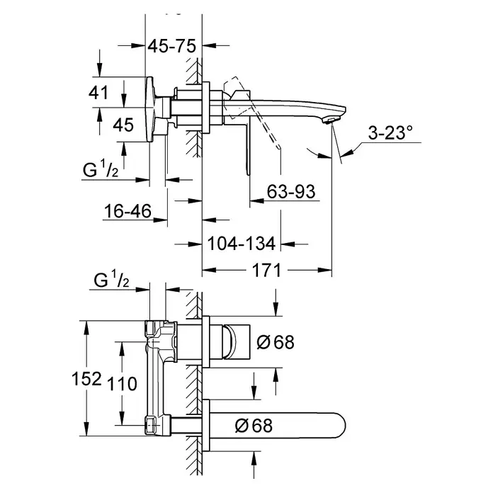 Grohe Eurostyle Cosmopolitan Waschtischarmatur - Wandmontage, Chrom, Glänzend - Technische Zeichnung einer modernen Wandarmatur mit Maßangaben für die Installation.
