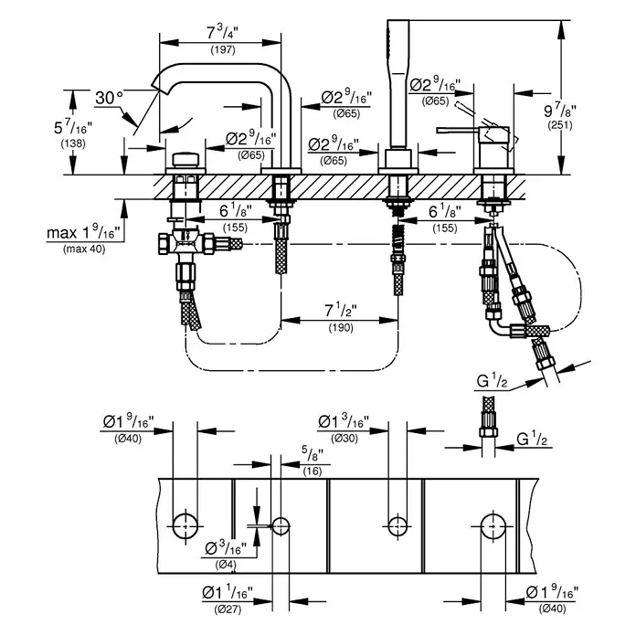 Grohe Essence Badewannenrandarmatur - Supersteel, Matt, Anzahl Armaturenlöcher: 4 Stk. - Eine detaillierte Schemazeichnung einer stilvollen Armatur mit präzisen Maßangaben für die Installation.