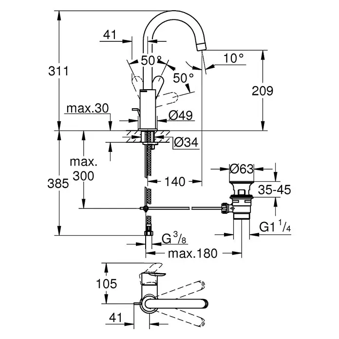 Grohe BauEdge Waschtischarmatur L-Size - Chrom, Glänzend - Eine technische Zeichnung eines Waschbeckenhahns mit allen Maßen und Winkeln, um die Installation zu erleichtern.