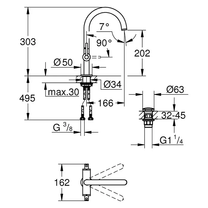 Grohe Atrio Waschtischarmatur L-Size - Hebelgriff, Hard Graphite, Matt - Detaillierte Maßzeichnung einer Armatur mit Angaben zu Höhe, Ausladung und Durchmesser relevanter Bauteile für Installation und Planung.