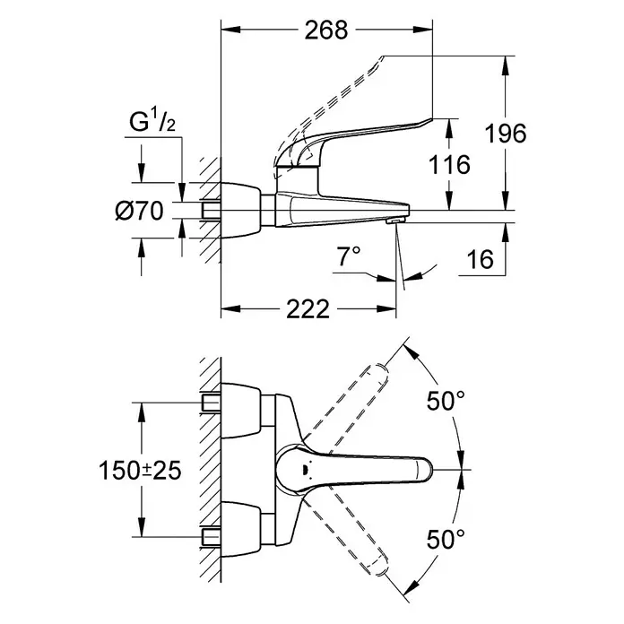 Grohe Euroeco Special Waschtischarmatur - Wandmontage, Chrom, Glänzend, Ausladung Armatur: 221 mm, mit absperrbaren S-Anschlüssen - Eine schematische Darstellung der Abmessungen eines Wasserhahns mit seitlicher Ansicht und Draufsicht, inklusive aller relevanten Maße.