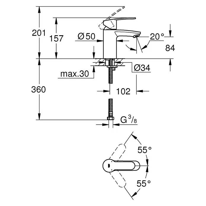 Grohe Eurostyle Cosmopolitan Waschtischarmatur S-Size - Chrom, Glänzend, Ohne Zugstange, Mit Durchflussmengenbegrenzung - Abbildung einer technischen Zeichnung eines Wasserhahns mit allen Maßen und Winkeln.