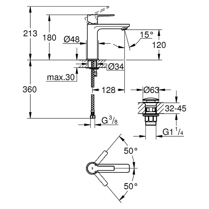 Grohe Lineare Waschtischarmatur S-Size - Push-Open-Ablaufventil, Chrom, Glänzend - Technische Zeichnung eines Wasserhahns mit Maßen und Spezifikationen für Installation und Design.