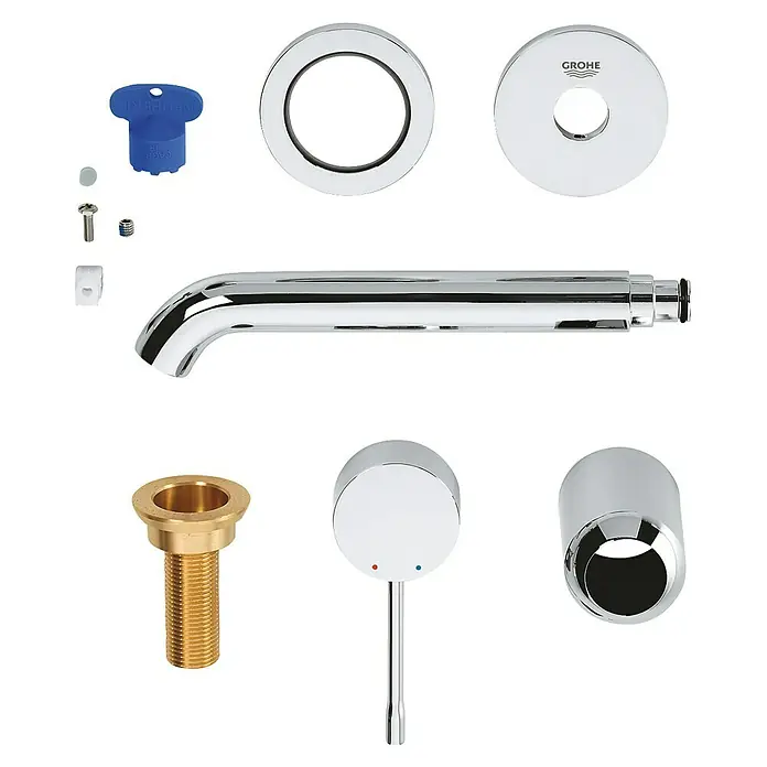Grohe Essence Waschtischarmatur M - Wandmontage, Chrom, Glänzend - Komponenten für eine Grohe Armatur, inklusive Auslauf, Bedienelement und Montageteile, präsentiert auf schwarzem Hintergrund.