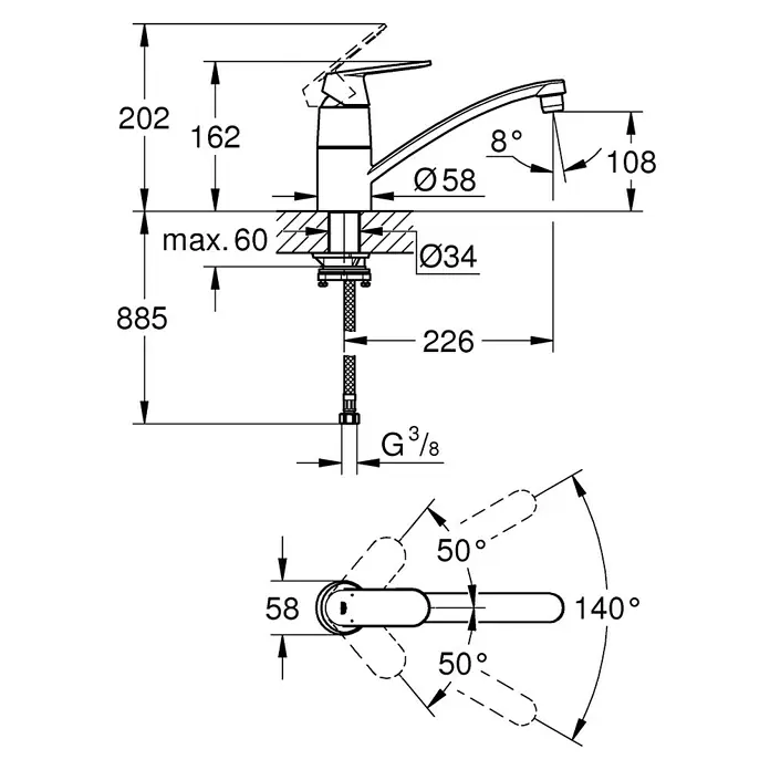 Grohe Eurosmart Cosmopolitan Spültischarmatur für die Vorfenstermontage - Chrom, Glänzend - Technische Zeichnung eines Wasserhahns mit Maßangaben zu Höhe, Ausladung und Durchmesser für Installationszwecke.