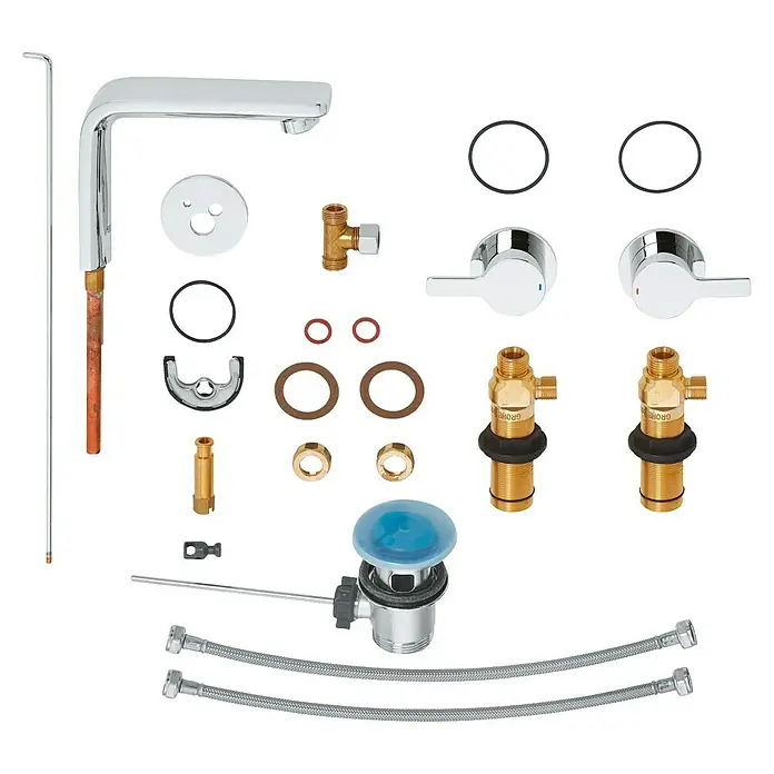 Grohe Lineare Waschtischarmatur - 3-Loch, Chrom, Glänzend - Bild eines GROHE-Wasserhahnsets mit Armatur, Griffen, Ventilen und Zubehör, perfekt für moderne Badezimmerdesigns.