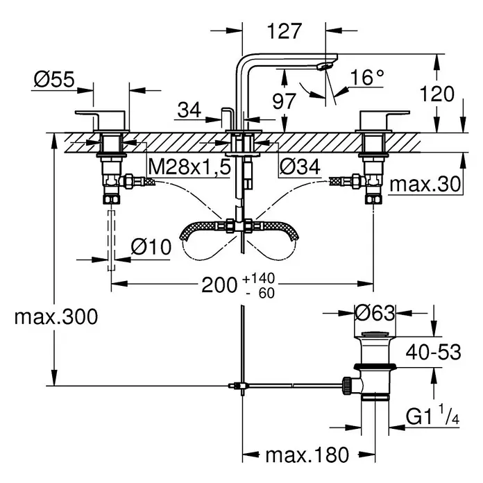 Grohe Lineare Waschtischarmatur - 3-Loch, Chrom, Glänzend - Technische Zeichnung einer Armatur mit Maßen und Details zu Anschlüssen und Abmessungen.