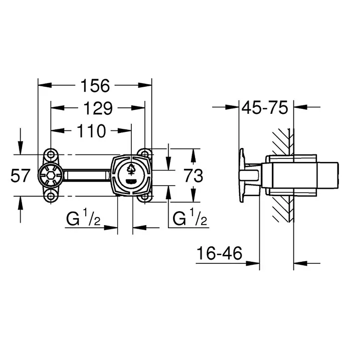Grohe Grandera Unterputzsystem - Einbautiefe: 45 mm - 75 mm - Produktabbildung mit Maßangaben. Die Zeichnung zeigt detailliert die Abmessungen und Anschlüsse des Produkts.