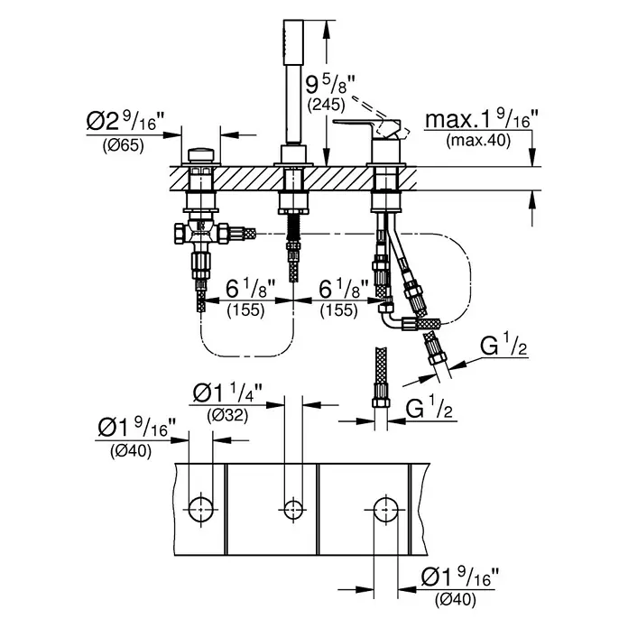 Grohe Lineare Badewannenrandarmatur - Chrom, Glänzend - Abbildung einer schematischen Zeichnung eines GROHE-Wasserhahns mit Maßangaben zu Installationszwecken.
