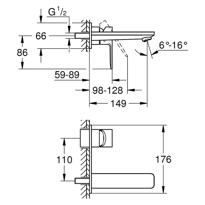 Grohe Lineare Waschtischarmatur - Wandmontage, Chrom, Glänzend, Ausladung Armatur: 149 mm - Detailzeichnung einer Armatur mit Größenangaben, die technische Informationen für die Installation liefert.