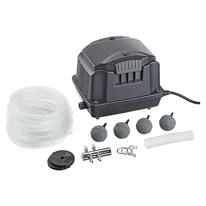Pontec Teichbelüfter-Set PondoAir 1800 - Fördermenge pro Std.: 1.800 l - Graues Luftpumpen-Set mit transparentem Schlauch, Ausströmersteinen, Verteiler und Zubehör für Aquarium/Teich.
