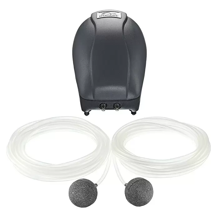 Pontec Teichbelüfter-Set PondoAir 450 - Fördermenge pro Std.: 450 l - Dunkelgraue Pontec Luftpumpe mit zwei transparenten Schläuchen und zwei dunkelgrauen Belüftungssteinen als Belüftungsset.