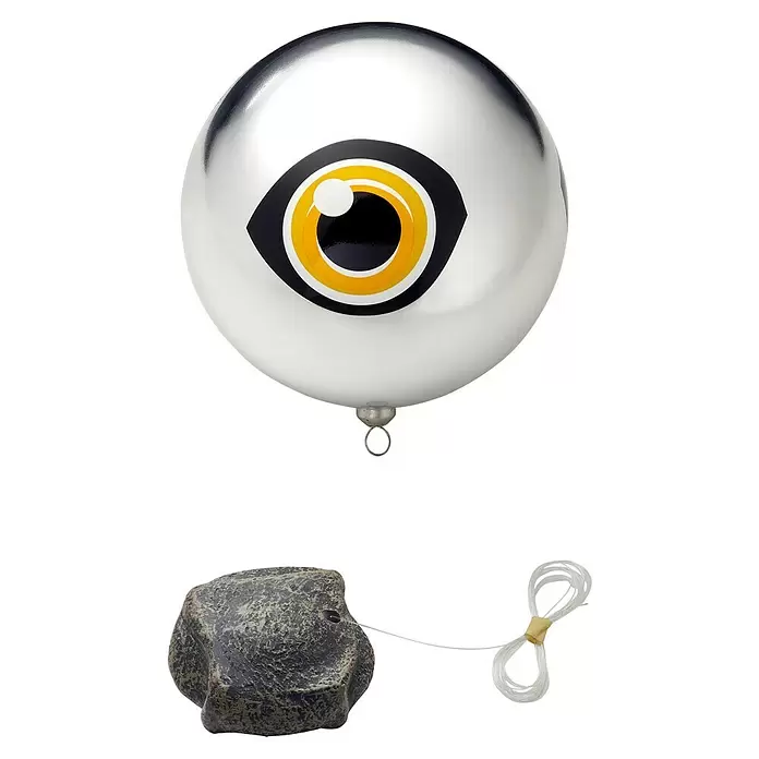 Pontec Reiherschreck PondoScare Ball - L x B x H: 150 x 150 x 168 mm, Geeignet für: Gartenteiche - Silberne reflektierende Augenkugel, dunkler Felsanker und weiße Schnur zur Vogelabwehr.