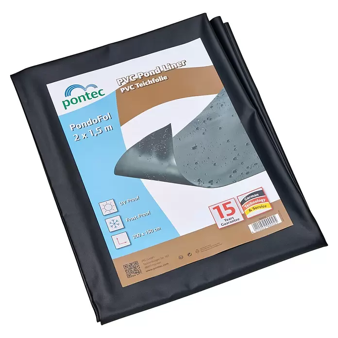 Pontec PVC-Teichfolie - Stärke: 0,5 mm, 2 x 1,5 m - Schwarze, gefaltete PVC-Teichfolie, 2x1,5m, UV- und frostsicher, mit 15 Jahren Garantie.