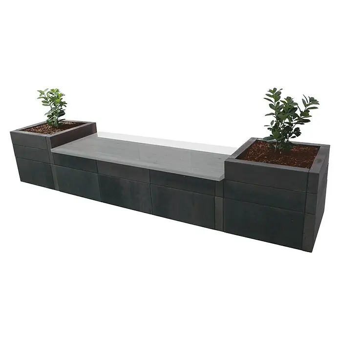 EHL Creaform Pflanzkübel eckig + Sitzbank - 321 x 67 x 60 cm, Lavaschwarz, Beton - Graue Gartenbank mit integrierten Pflanzkästen. Die Bank hat eine weiße Sitzfläche und Pflanzen an beiden Enden.