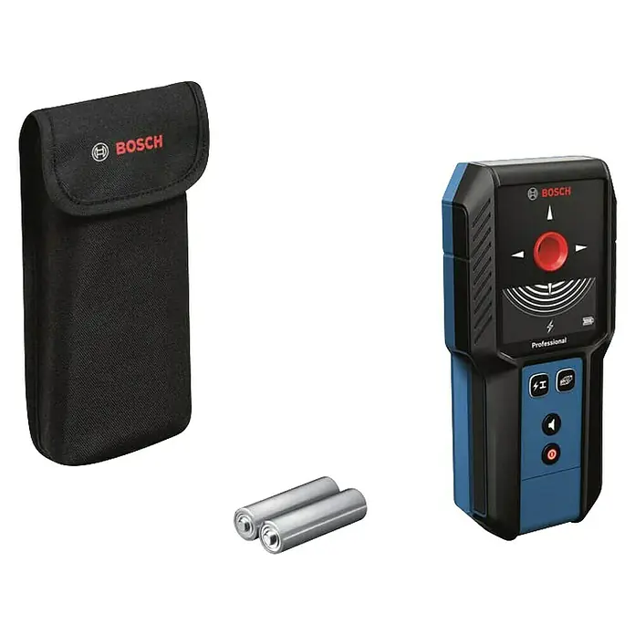 Bosch Professional Ortungsgerät GMS 120-27 - Erfassungstiefe: Max. 120 mm NE-Metalle - Das Bosch Professional Ortungsgerät mit Zubehör, inklusive Batterien und Tasche, für präzise Detektion auf Baustellen.