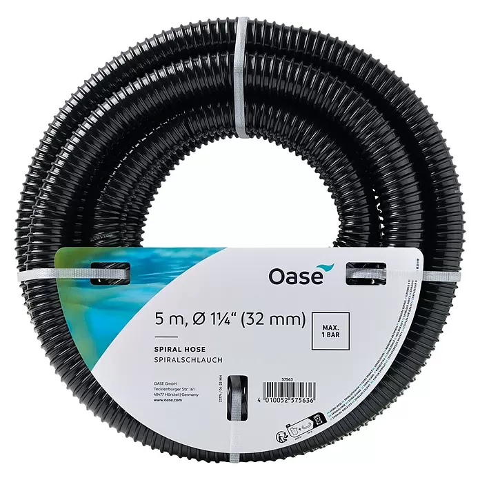 Oase Spiralschlauch - Länge: 5 m, 1 ¼″, Betriebsdruck: 3 bar - Ein schwarzer Oase Spiralschlauch, 5 m lang und 32 mm Durchmesser, aufgerollt.