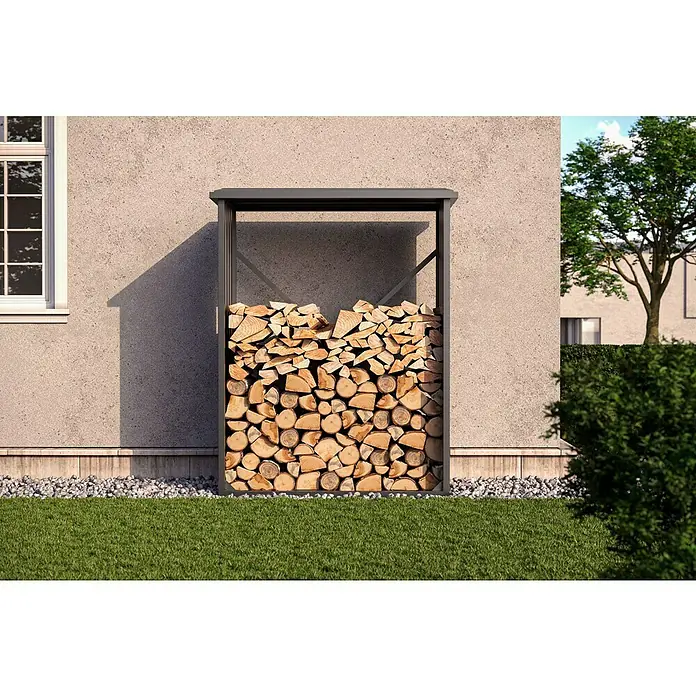 Gardol Kaminholzregal - 160 x 90 x 200 cm, Stahl, Anthrazit - Ein Holzregal aus Metall, vollgepackt mit Brennholz, steht an einer Hauswand im Garten.