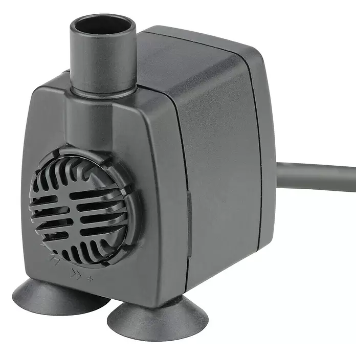 Pontec Statuen-Zimmerbrunnenpumpe PondoCompact 500i - 5 W, Max. Förderhöhe: 80 cm - Dunkelgraue Kunststoff-Tauchpumpe mit Auslauf oben, Gittereinlass und vier Saugnäpfen unten.