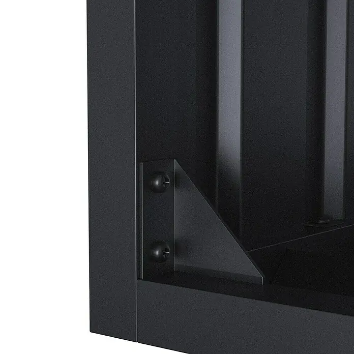 Gardol Kaminholzregal - 160 x 90 x 200 cm, Stahl, Anthrazit - Detailaufnahme eines schwarzen Metallschranks mit stabilen Eckverbindungen und Schrauben. Hochwertige Verarbeitung und modernes Design.