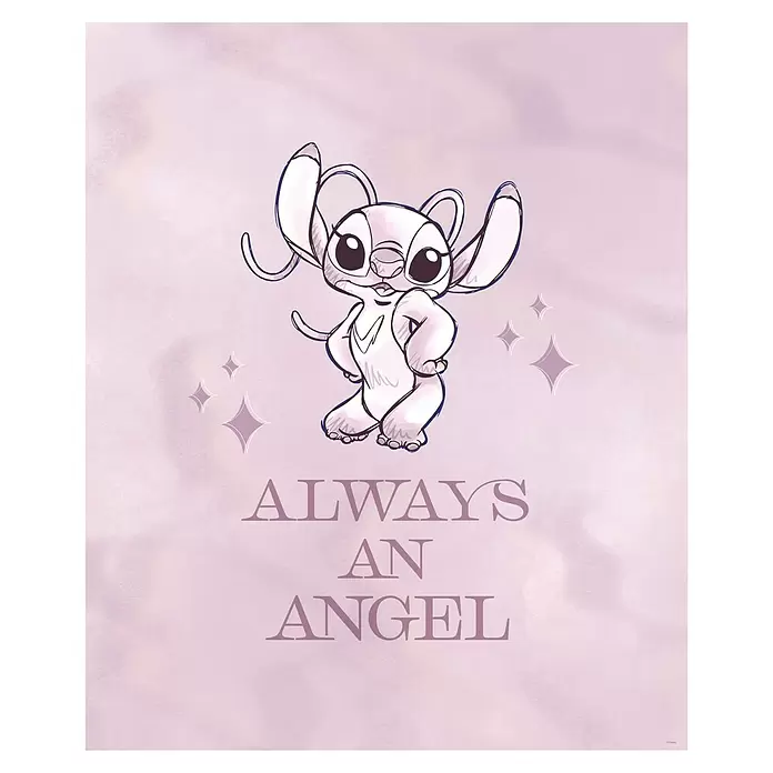 Komar Poster - Stitch always an Angel, B x H: 50 x 70 cm - Dekorativer Druck mit stilisierter Skizze von Angel aus Lilo & Stitch, Glitzer und dem Text „ALWAYS AN ANGEL“ auf weichem lila Hintergrund.