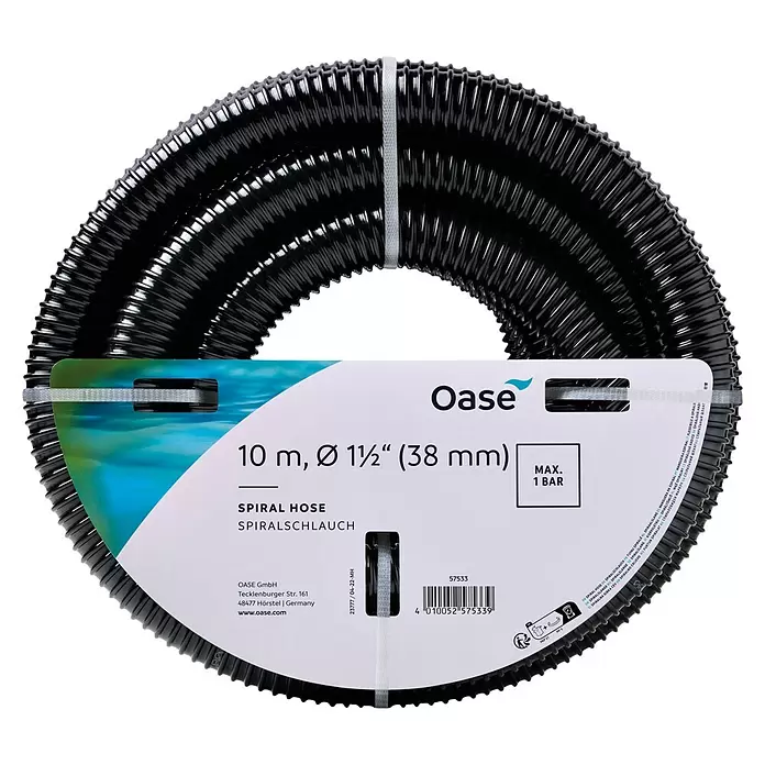 Oase Spiralschlauch - Länge: 10 m, 1 ½″, Betriebsdruck: 3 bar - Schwarzer Spiralschlauch aufgewickelt mit Oase Verpackung, 10 m Länge, 38 mm Durchmesser.
