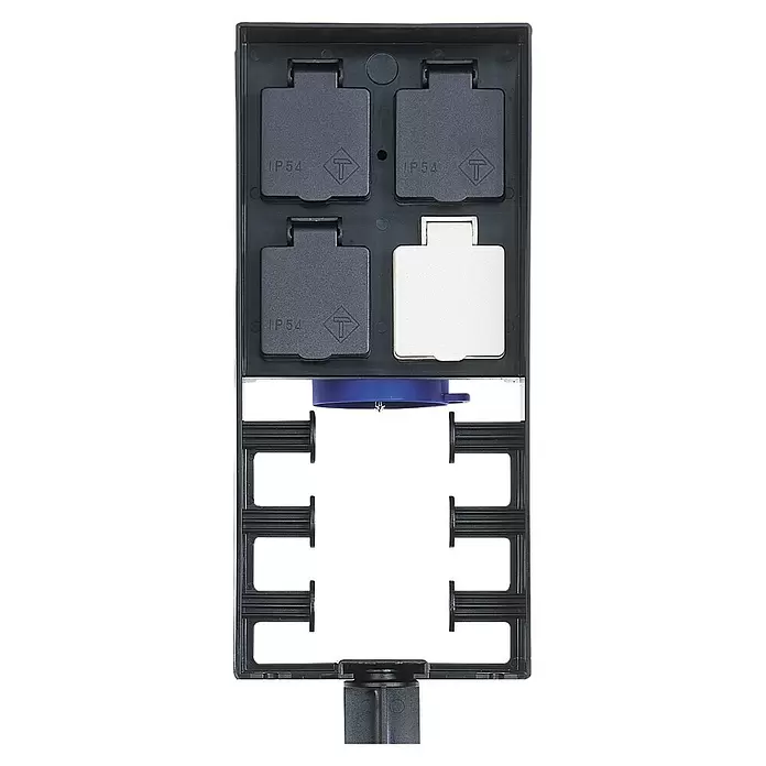 Oase Garten-Steckdose InScenio FM-Master 2 - 3.600 W, 220 V - 240 V - Schwarzer rechteckiger Montagerahmen mit drei dunkelgrauen IP54 Abdeckungen, einer weißen Abdeckung und Kabelmanagementleisten.