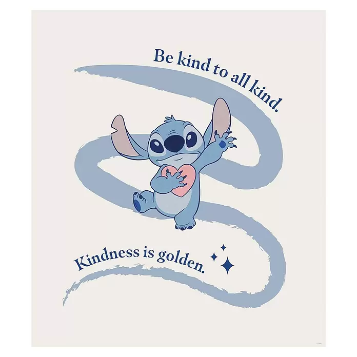 Komar Poster - Stitch Kindness, B x H: 50 x 70 cm - Stitch hält ein pinkes Herz, umgeben von blauen Pinselstrichen und blauen Sternen, mit dem Text 'Be kind to all kind. Kindness is golden.'