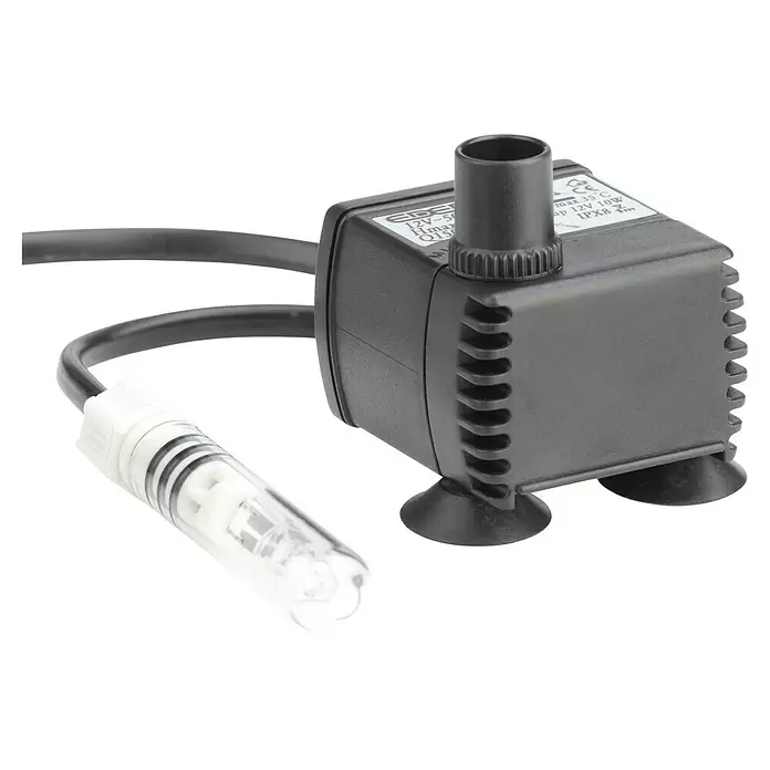 Pontec Statuen-Zimmerbrunnenpumpe PondoCompact 300i - 5 W, Max. Förderhöhe: 70 cm - Schwarze Tauchpumpe mit transparenter Leuchte/Sterilisator, schwarzem Kabel und Saugnäpfen.