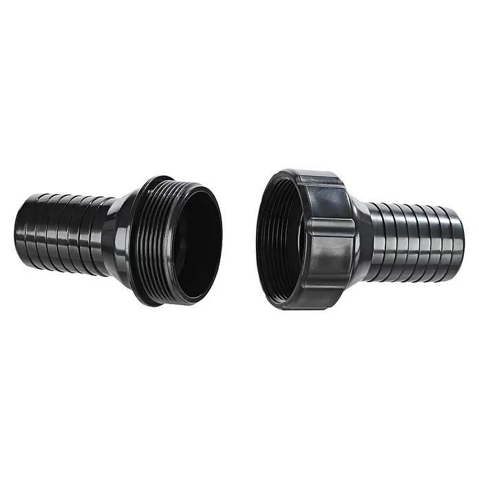 Oase Schlauchverbinder 1 1/2" - Größe Anschluss: 1″, Durchmesser: 38 mm - Zwei schwarze Kunststoff-Schlauchverbinder mit Gewinde.