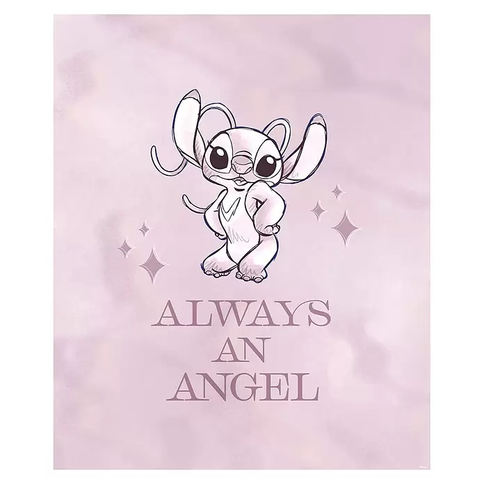 Komar Poster - Stitch always an Angel, B x H: 40 x 50 cm - Rosa Angel-Figur in selbstbewusster Pose mit dem Text "ALWAYS AN ANGEL" auf lila Aquarellhintergrund.