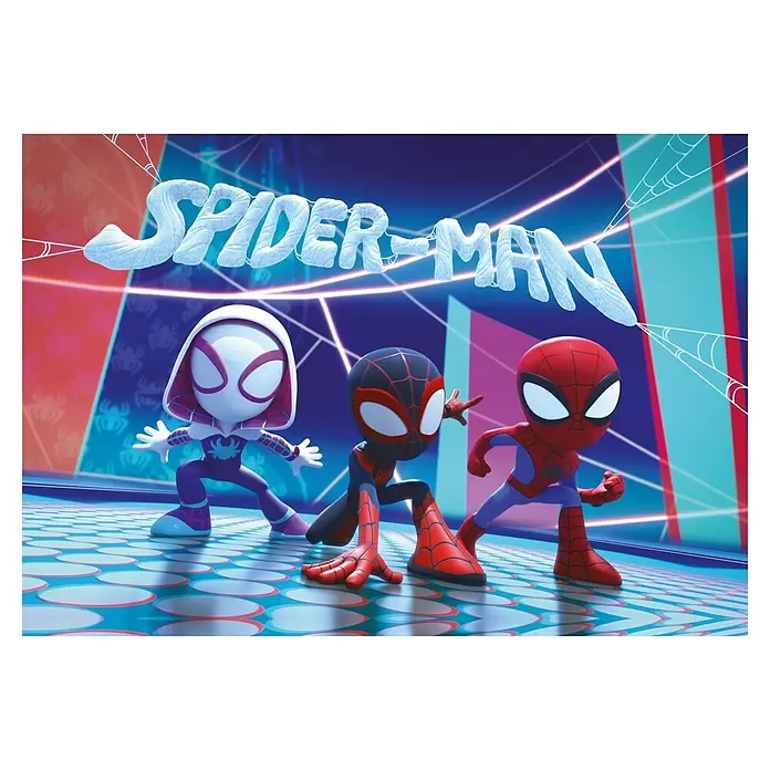Komar Leinwandbild - Spidey & his amazing Friends - Glowy, B x H: 60 x 40 cm - Drei stilisierte Spider-Man-Charaktere: Gwen, Miles und Peter, in dynamischen Posen, unter einem netzartigen 'SPIDER-MAN'-Logo.