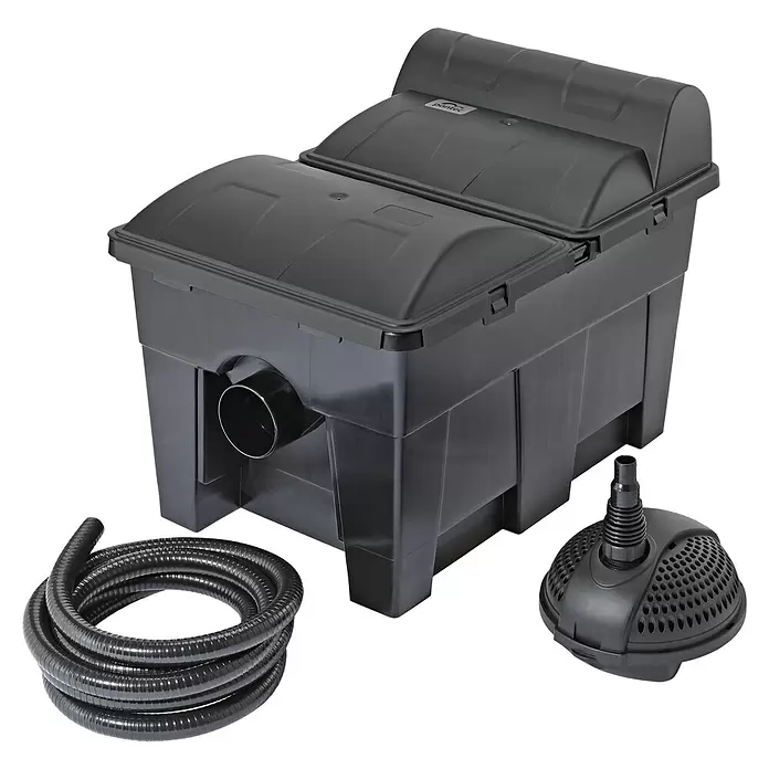 Pontec MultiClear Durchlauffilter-Set 15000 - Teichgröße: 8 m³, Fördermenge pro Std.: 5.500 l - Schwarzes Teichfilter-Set mit Filterkasten, Schlauch und Tauchpumpe.