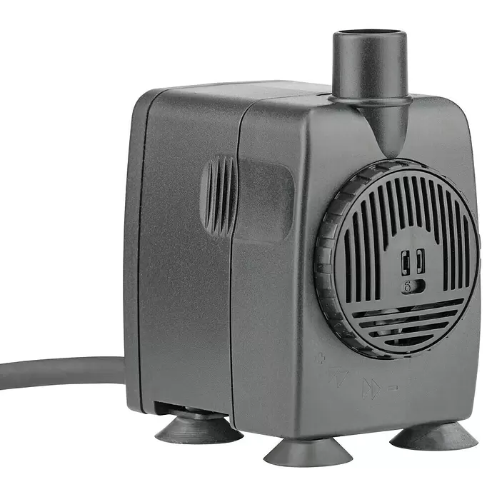 Pontec Statuen-Zimmerbrunnenpumpe PondoCompact 800i - 20 W, Max. Förderhöhe: 150 cm - Eine dunkelgraue, tauchfähige Kunststoffpumpe mit Saugnäpfen und einem verstellbaren Wassereinlass.