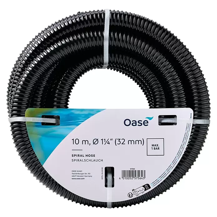 Oase Spiralschlauch - Länge: 10 m, 1 ¼″, Betriebsdruck: 3 bar - Aufgewickelter schwarzer Spiralschlauch mit Etikett. 10m, Ø 1 1/4" (32 mm), max. 1 Bar Druck.