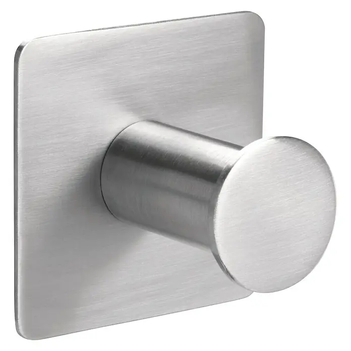 Tesa Powerbutton Wandhaken Classic - Rechteckig, Selbstklebend - Nahaufnahme eines modernen, selbstklebenden Wandhakens aus gebürstetem Edelstahl mit quadratischer Basis und zylindrischem Haken.